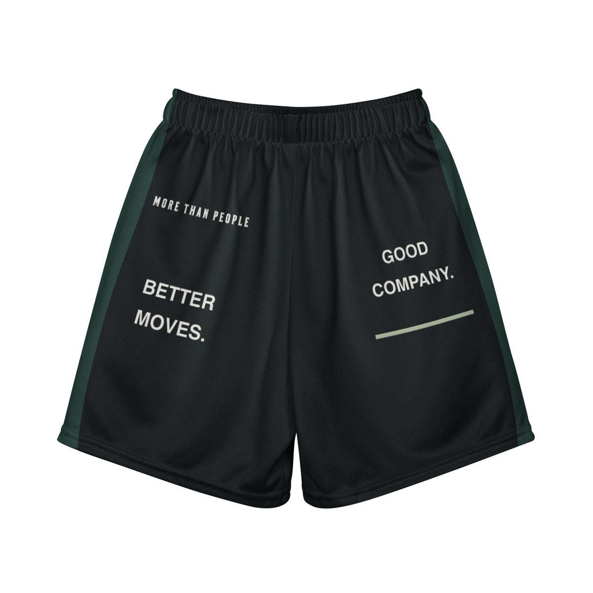 Black and forest Better Moves youth recycled mesh shorts, back with Better Moves, Good Company and More than people lettering