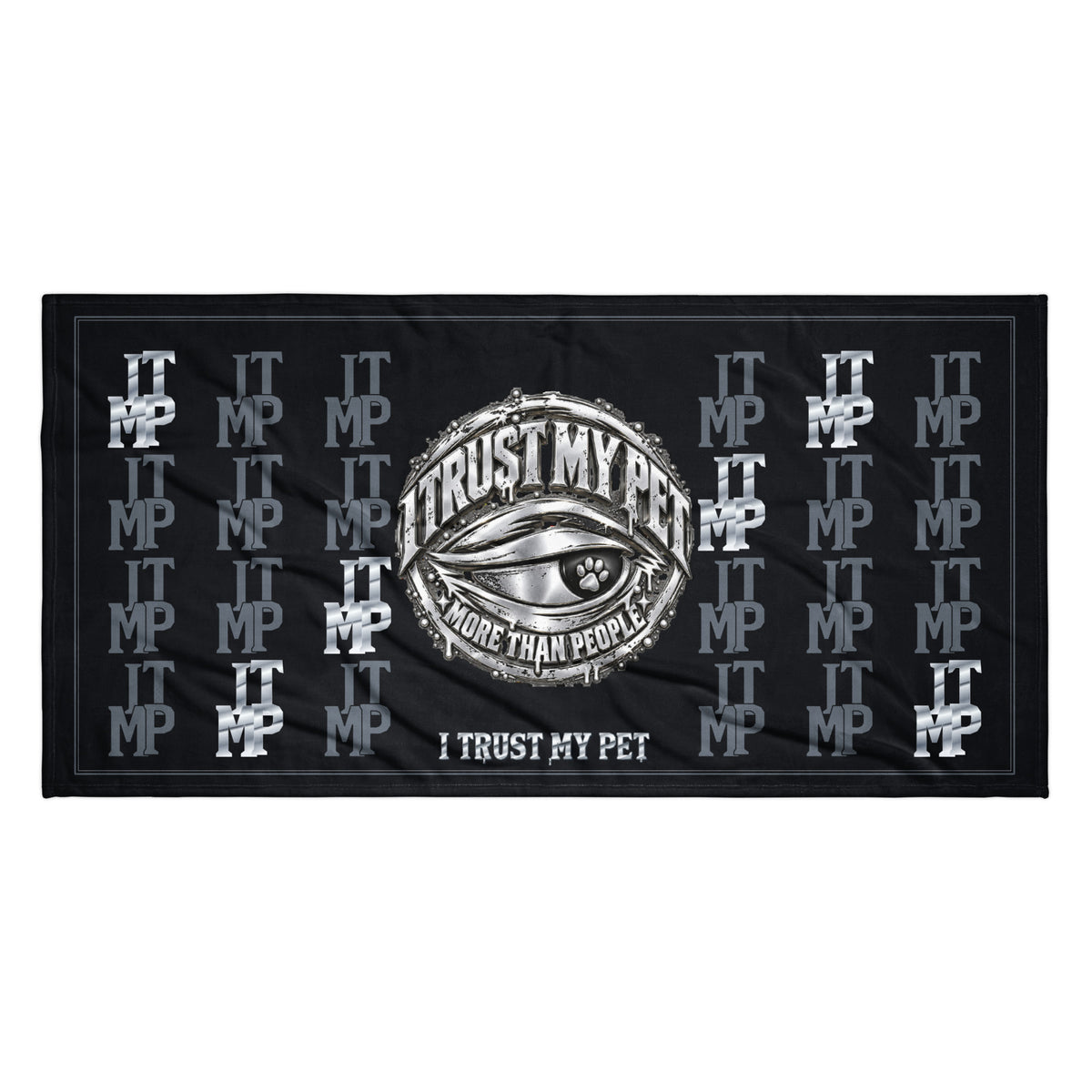 Black I Trust My Pet™ Silver Signature Monogram beach towel, 36 by 72 inches, laid flat with silver-look and charcoal ITMP initials, original eye crest and an inset border