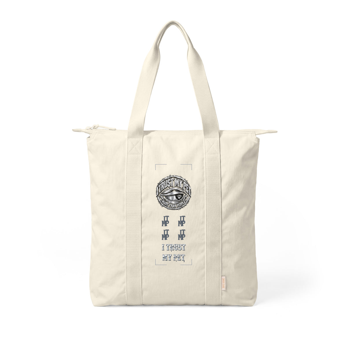 Ivory I Trust My Pet™ Silver Signature Carry-All Tote, angled front view showing the complete original silver-look eye crest