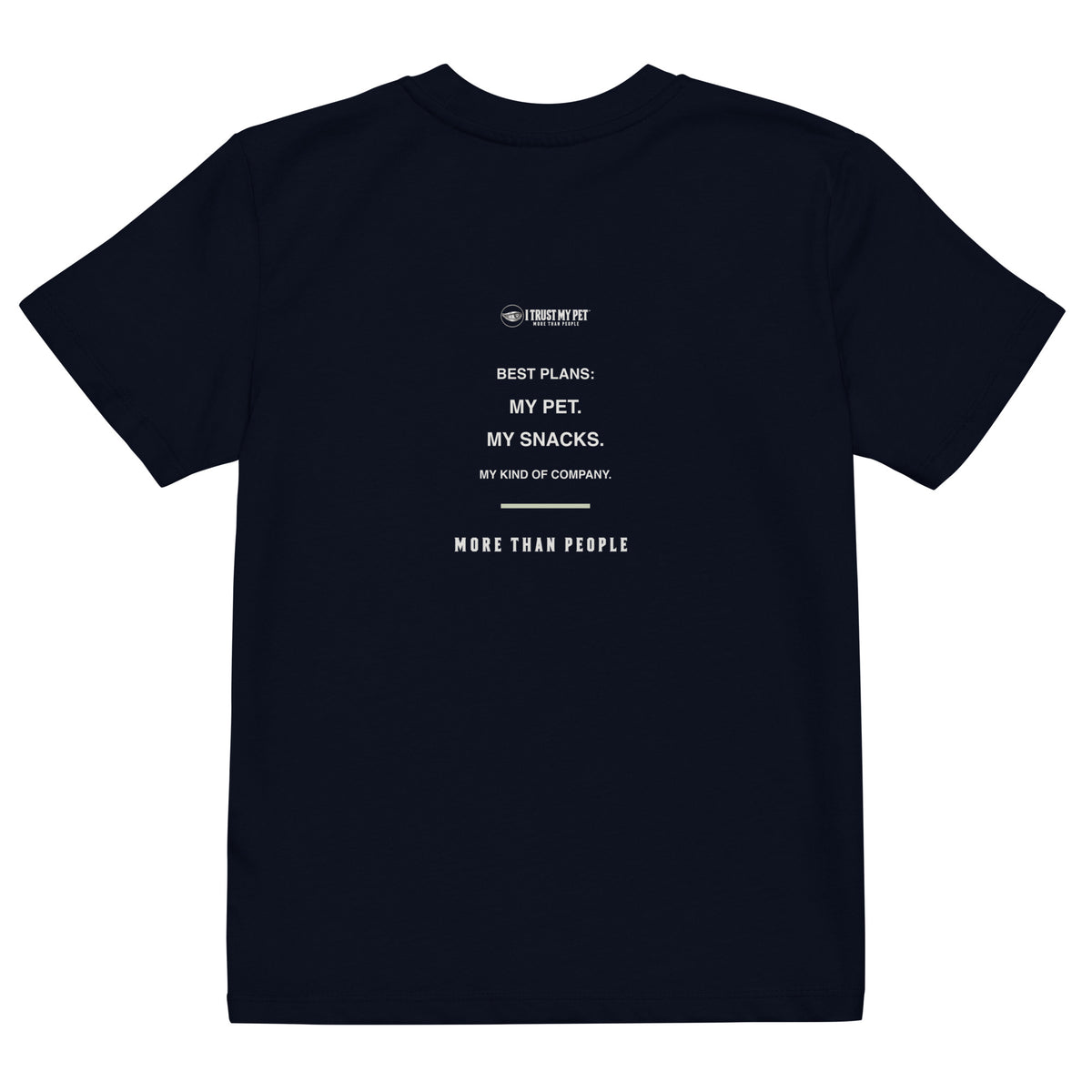 French navy Little Circle kids’ organic cotton T-shirt, back showing My pet, my snacks, my kind of company graphic
