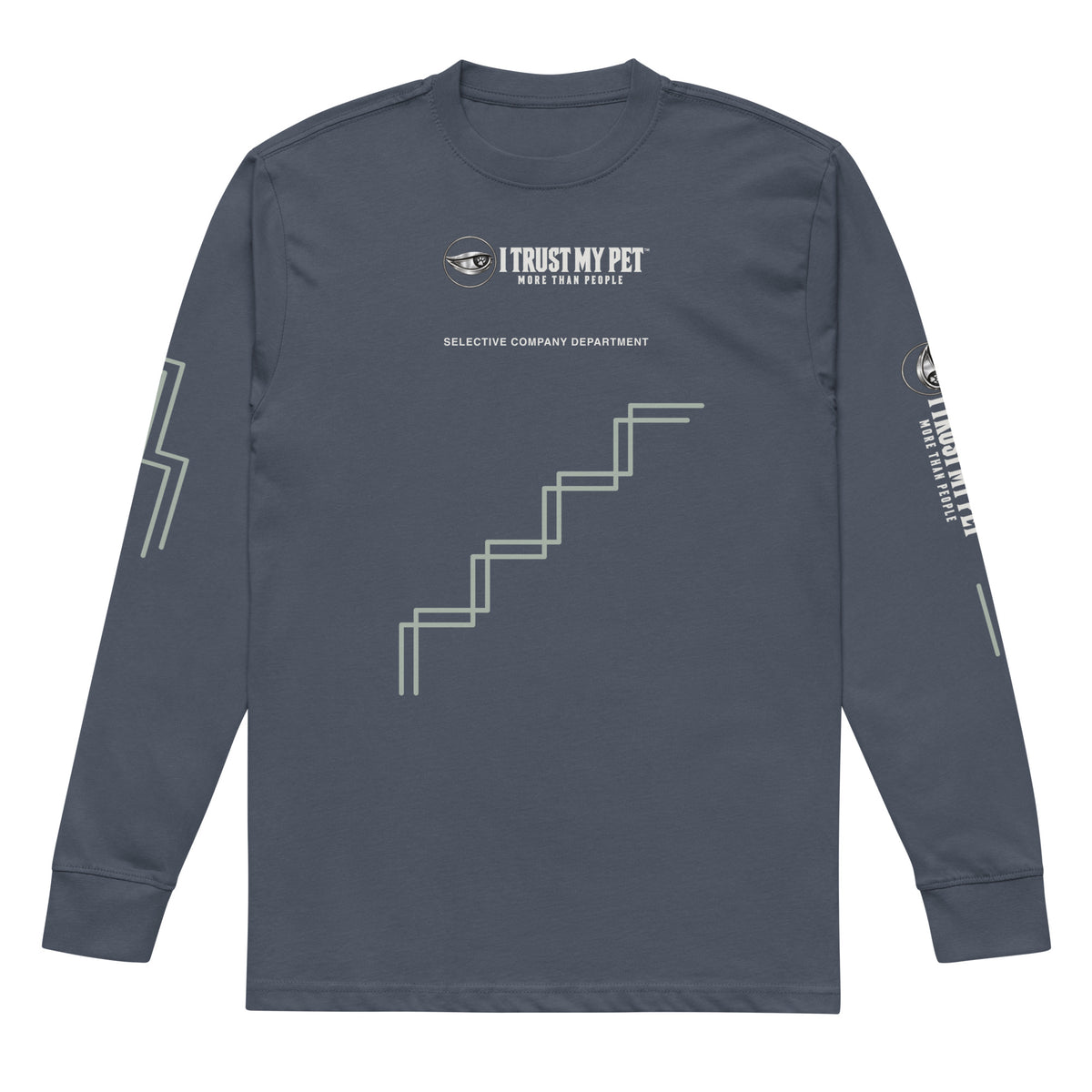 Harbor blue Good Judgment men’s heavyweight long-sleeve shirt, front with complete I Trust My Pet™ logo, rising stepped linework and distinct sleeve graphics, flat garment-only view.