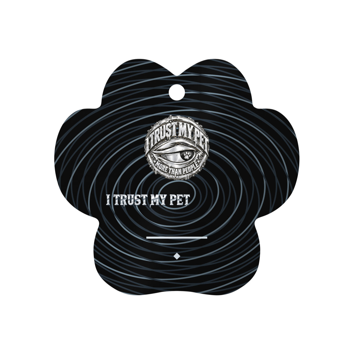 Black I Trust My Pet™ Chrome Keepsake metal paw ornament, reverse with original silver-look emblem, custom chrome brand lettering, and contour-line artwork