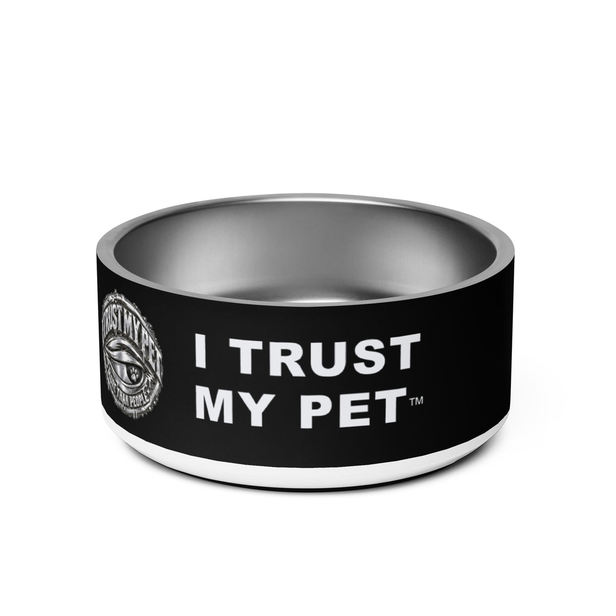 I Trust My Pet™ Chrome Loyalty Stainless Steel Dog Bowl, left view