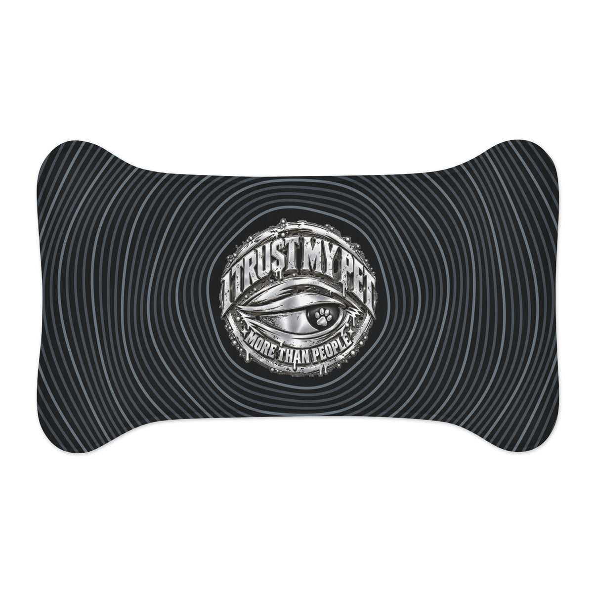Black I Trust My Pet™ Afterimage pet feeding mat, large bone shape, 30 by 18 inches, with silver-look original logo and optical ripple artwork