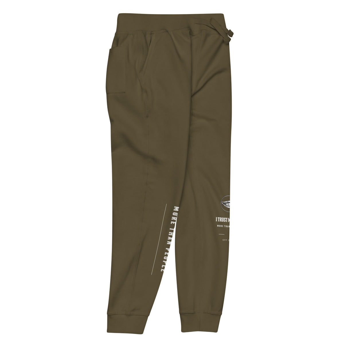 Military Green I Trust My Pet™ Off Duty fleece joggers, right leg detail showing the contrasting printed leg design on tapered fleece pants