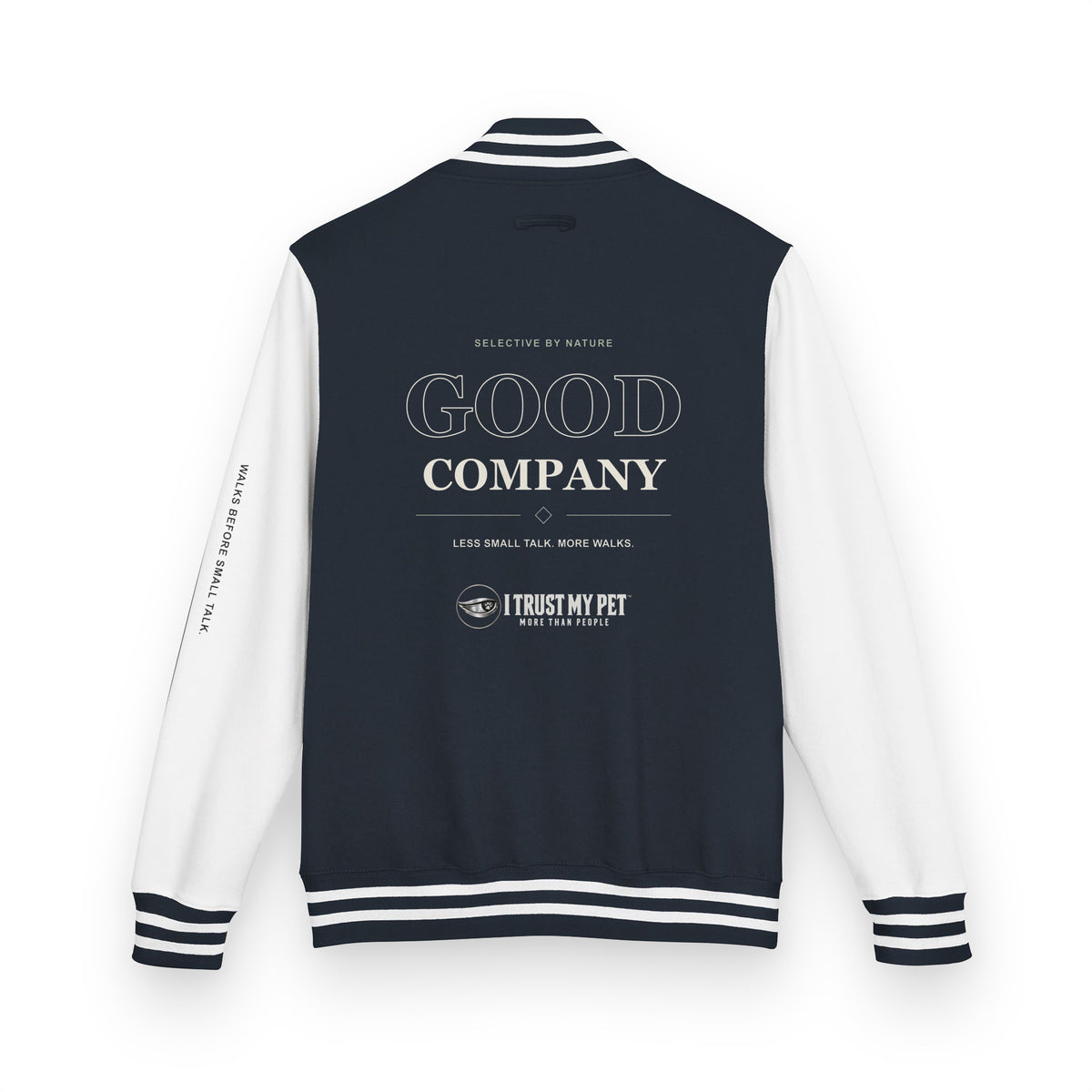 I Trust My Pet™ Good Company Club varsity jacket in Oxford Navy/Arctic White, back view with GOOD COMPANY lettering and the full brand logo