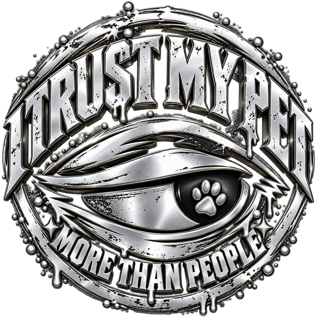 I Trust My Pet™ original silver 3D side-eye logo on a transparent background