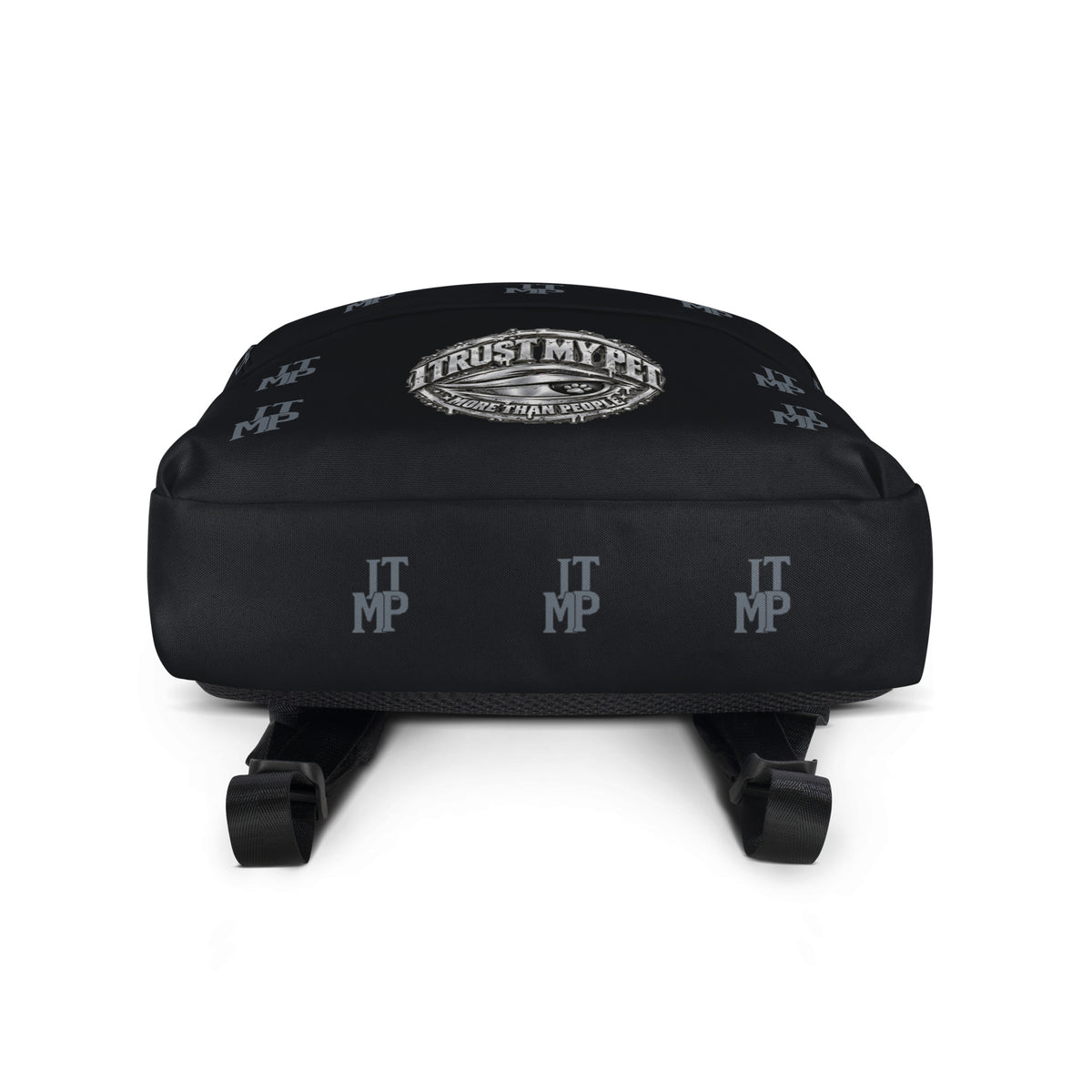 Black I Trust My Pet™ Signature Monogram backpack, bottom view with charcoal initials