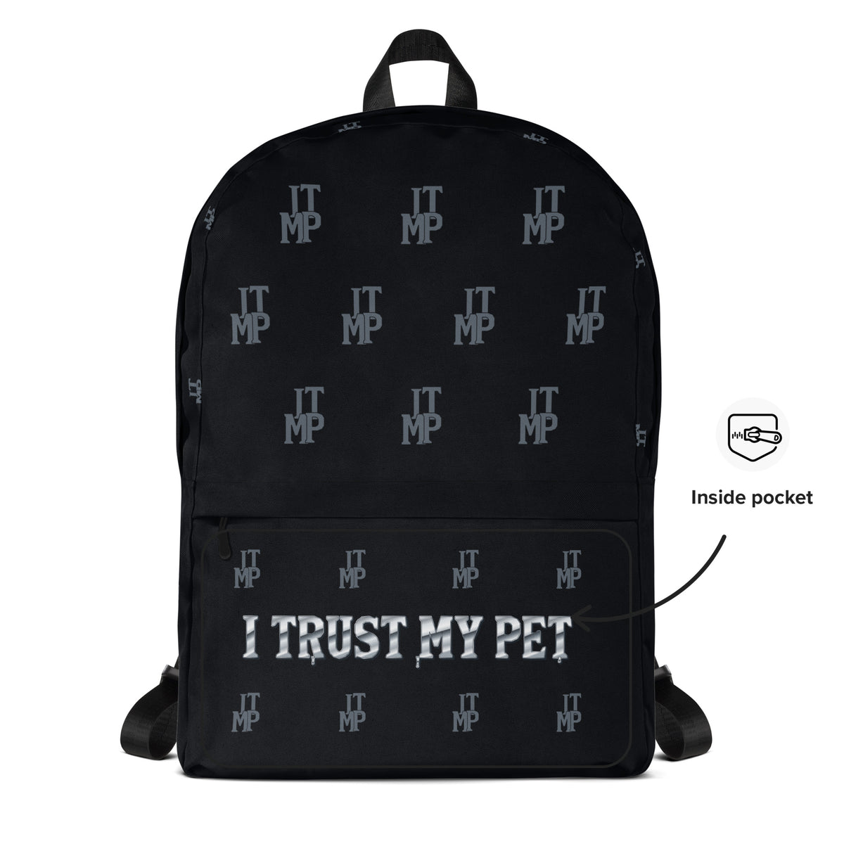 Black I Trust My Pet™ Signature Monogram backpack, front angle view with charcoal initials and original silver-look eye emblem