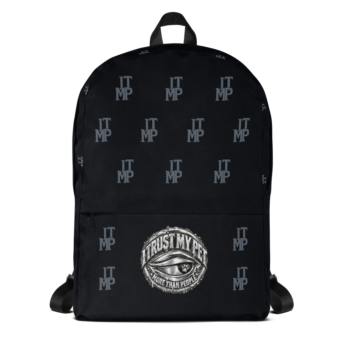 Black I Trust My Pet™ Signature Monogram backpack, front view with charcoal initials and original silver-look eye emblem