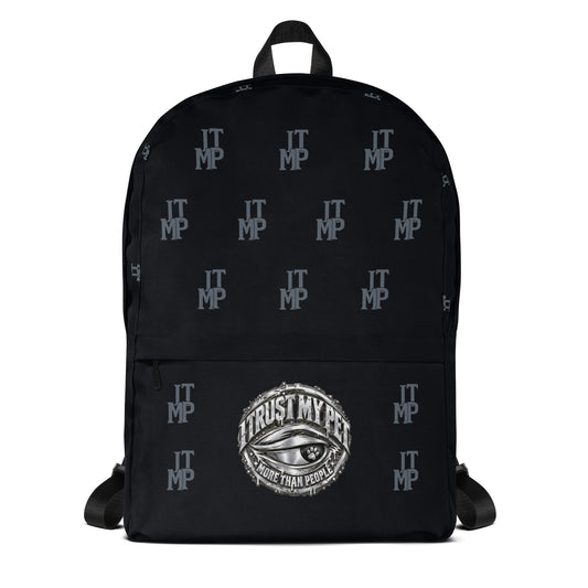 Black I Trust My Pet™ Signature Monogram backpack, front view with charcoal initials and original silver-look eye emblem