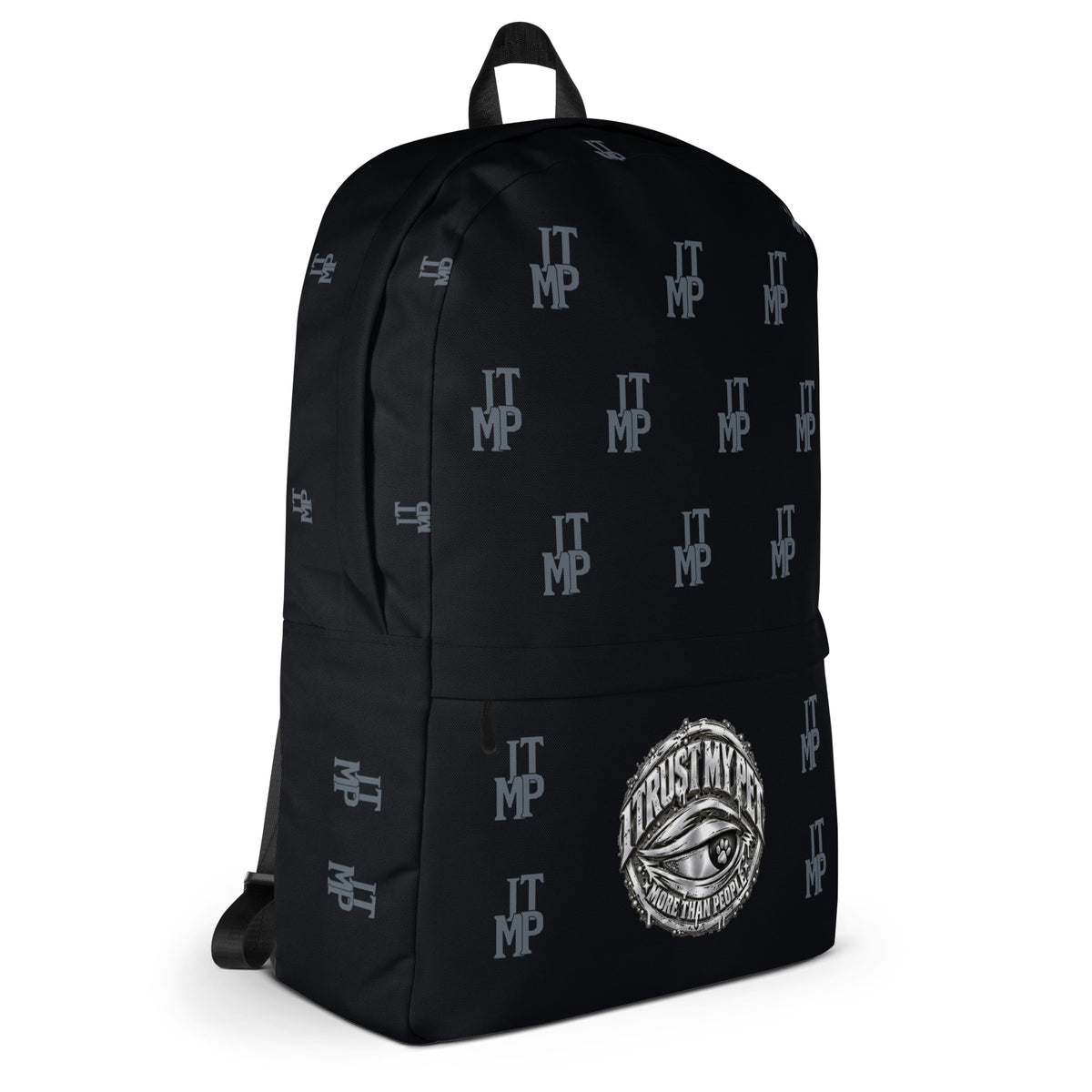 Black I Trust My Pet™ Signature Monogram backpack, right side view with charcoal initials