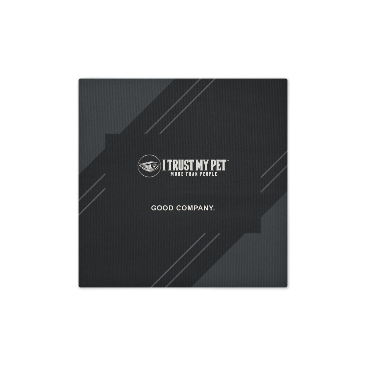 I Trust My Pet™ Good Company 14 × 14 inch black cotton cushion cover only, front with full logo, Good Company wording and charcoal diagonal panels.