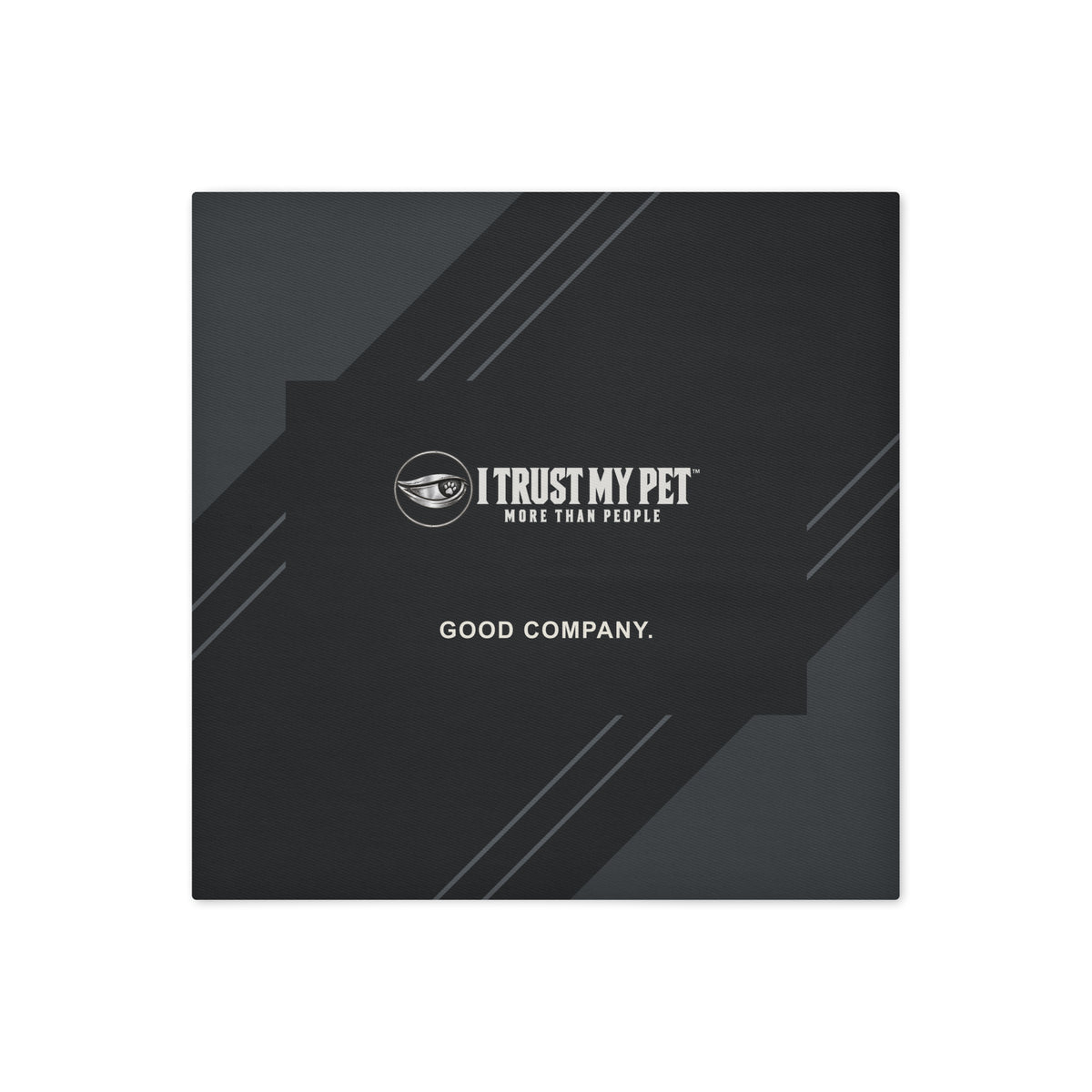 I Trust My Pet™ Good Company 16 × 16 inch black cotton cushion cover only, front with full logo, Good Company wording and charcoal diagonal panels.