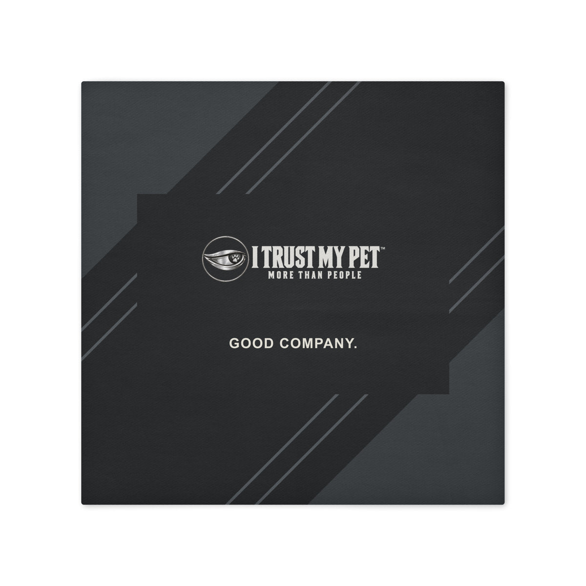 I Trust My Pet™ Good Company 18 × 18 inch black cotton cushion cover only, front with full logo, Good Company wording and charcoal diagonal panels.