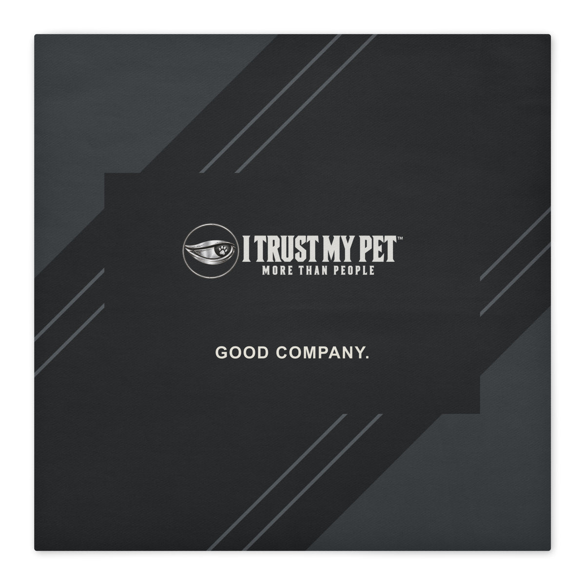 I Trust My Pet™ Good Company 22 × 22 inch black cotton cushion cover only, front with full logo, Good Company wording and charcoal diagonal panels.