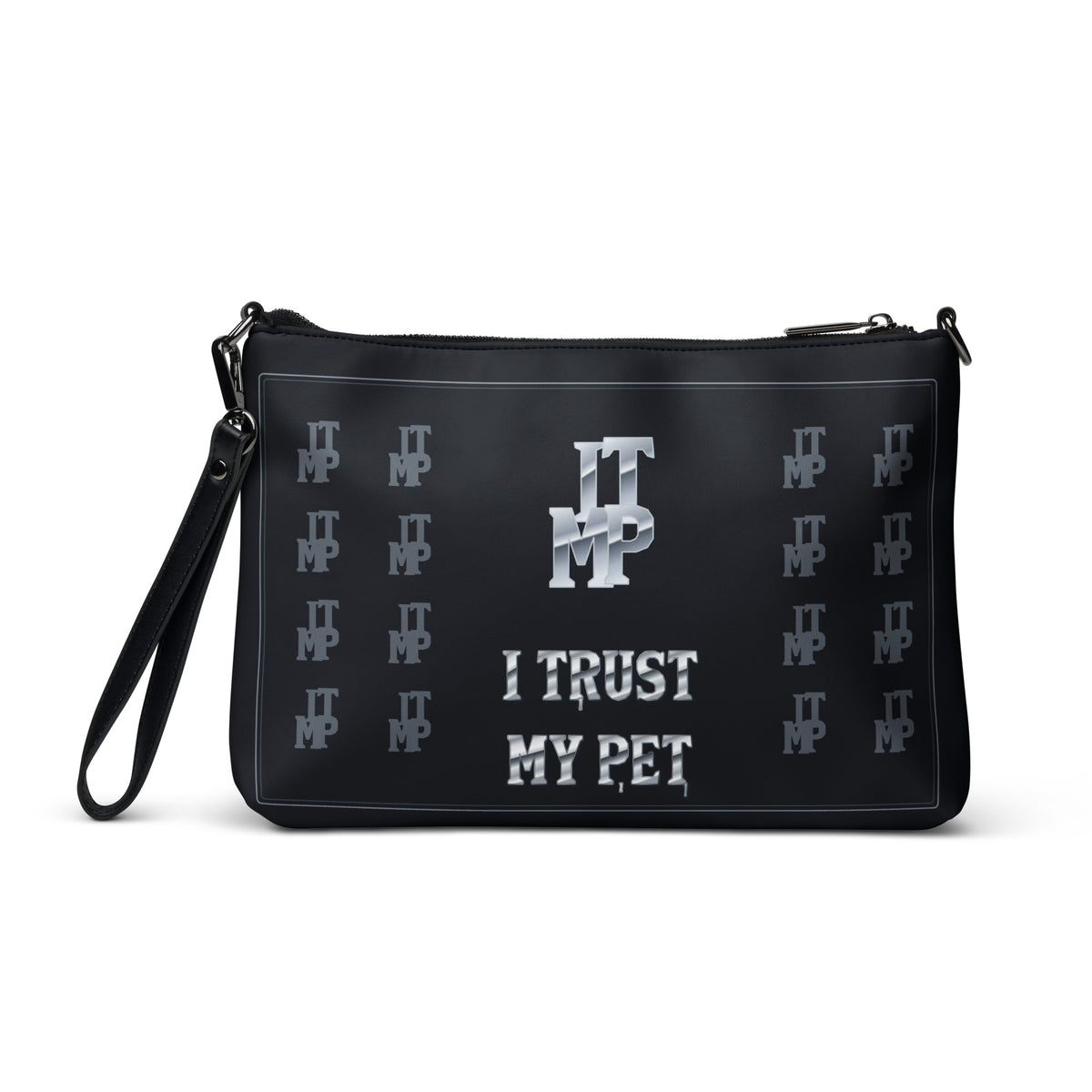 Black I Trust My Pet™ Silver Signature Crossbody Bag with black stitching, flat back view showing the silver-look ITMP monogram and custom brand lettering