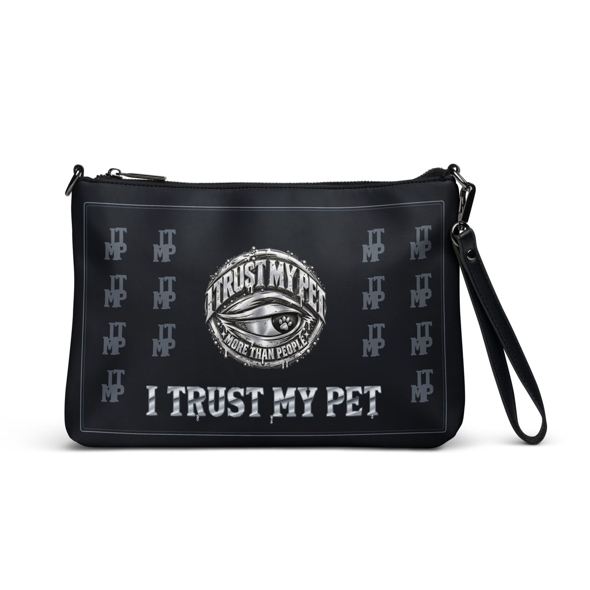 Black I Trust My Pet™ Silver Signature Crossbody Bag with black stitching, flat front view showing the complete original silver-look eye crest, charcoal monograms and custom brand lettering