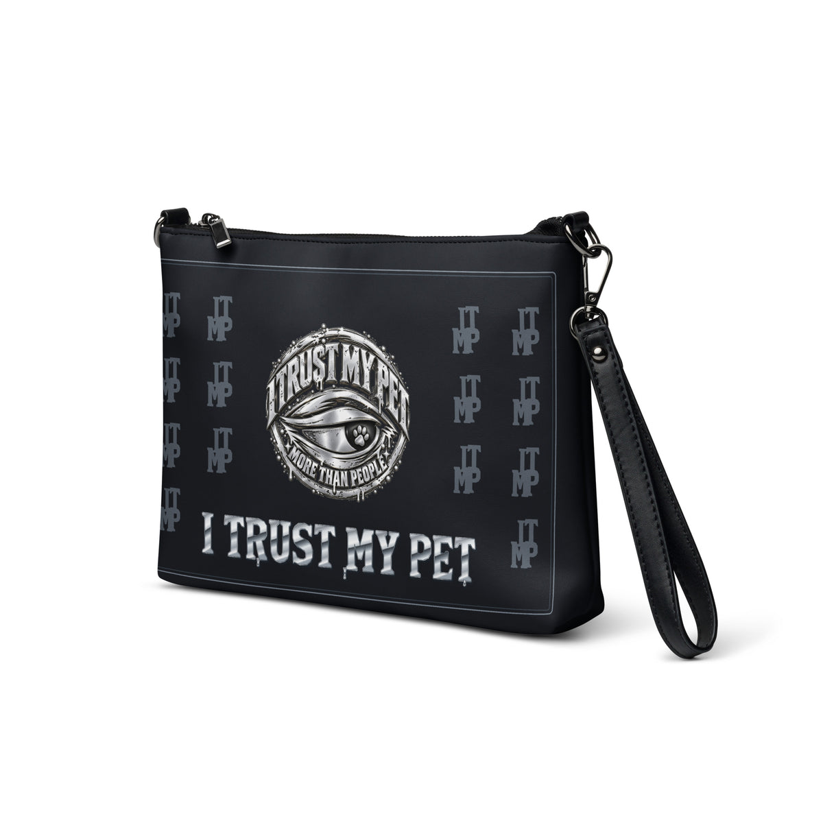 Black I Trust My Pet™ Silver Signature Crossbody Bag with black stitching, angled front view showing the complete original silver-look eye crest, charcoal monograms and custom brand lettering