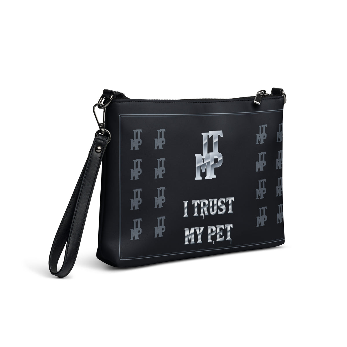 Black I Trust My Pet™ Silver Signature Crossbody Bag with black stitching, angled back view showing the silver-look ITMP monogram and custom brand lettering