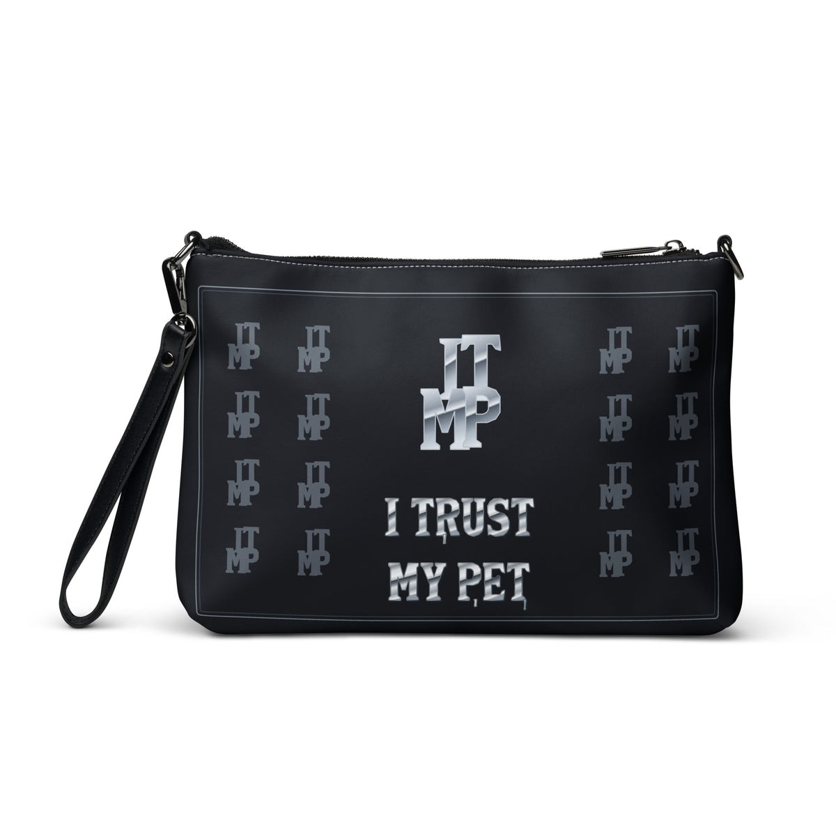 Black I Trust My Pet™ Silver Signature Crossbody Bag with white stitching, flat back view showing the silver-look ITMP monogram and custom brand lettering