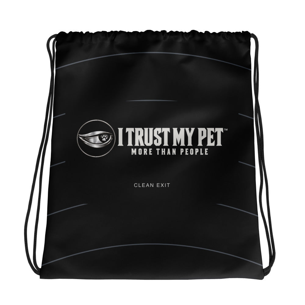I Trust My Pet™ Clean Exit black drawstring bag, front with complete signature logo and rising curved pattern
