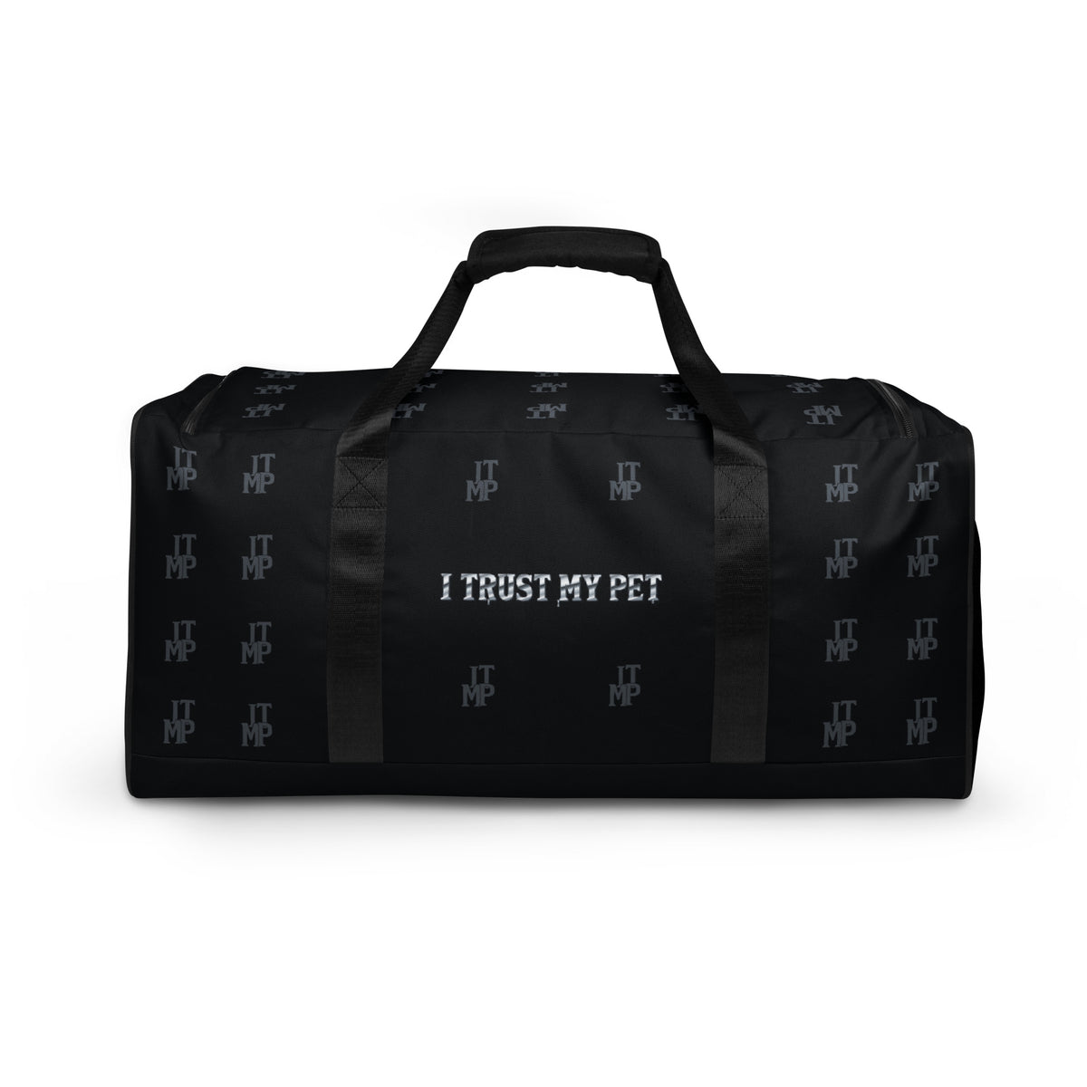 Black I Trust My Pet™ Signature Monogram 50L duffel bag, back view with charcoal monograms and custom brand lettering