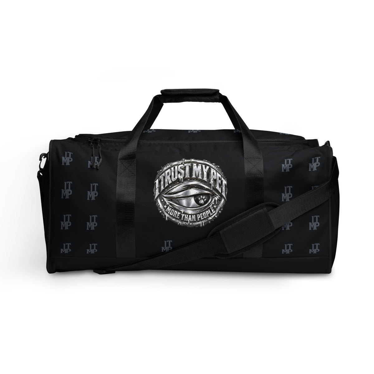 Black I Trust My Pet™ Signature Monogram 50L duffel bag, front view with an original silver-look eye emblem between padded handles