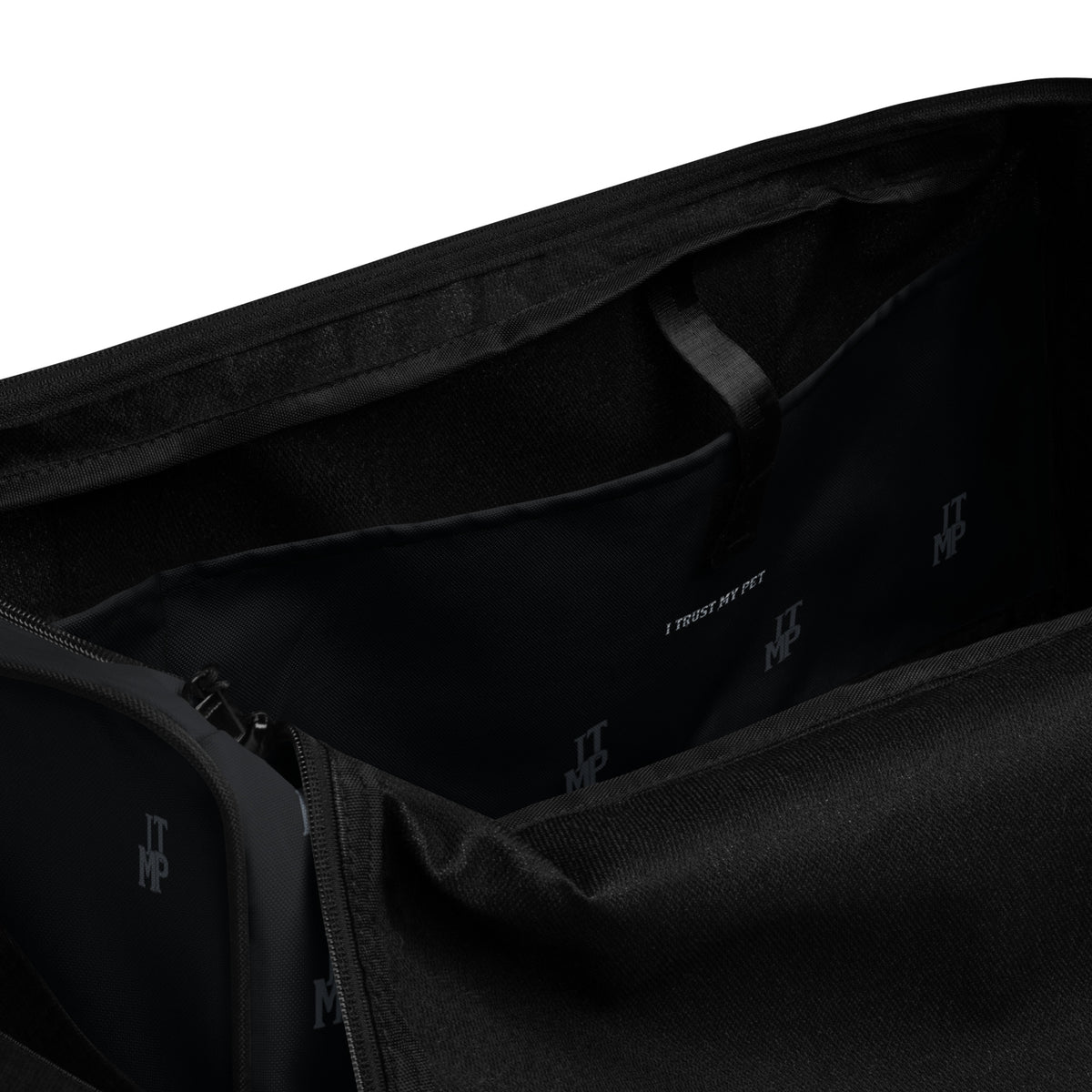 Black I Trust My Pet™ Signature Monogram 50L duffel bag, inside pocket with custom lettering and printed monogram details