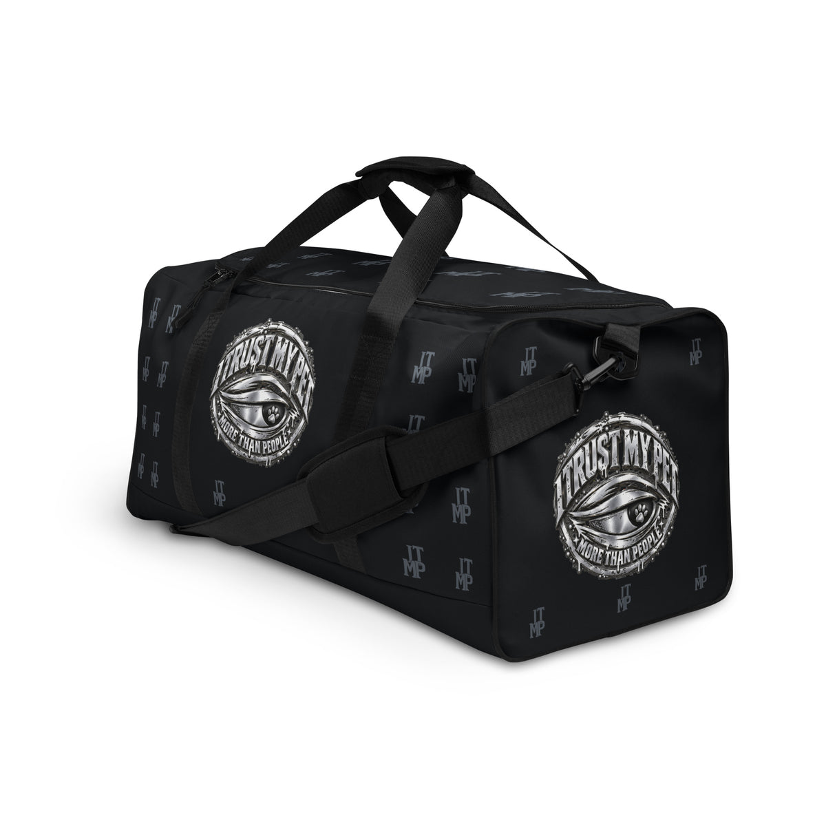 Black I Trust My Pet™ Signature Monogram 50L duffel bag, front-left angle with charcoal monograms and silver-look eye emblems