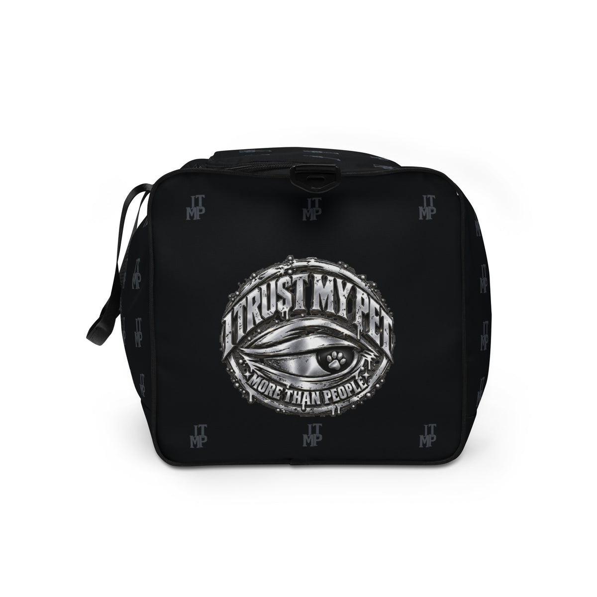 Black I Trust My Pet™ Signature Monogram 50L duffel bag, left end panel with the original silver-look eye emblem