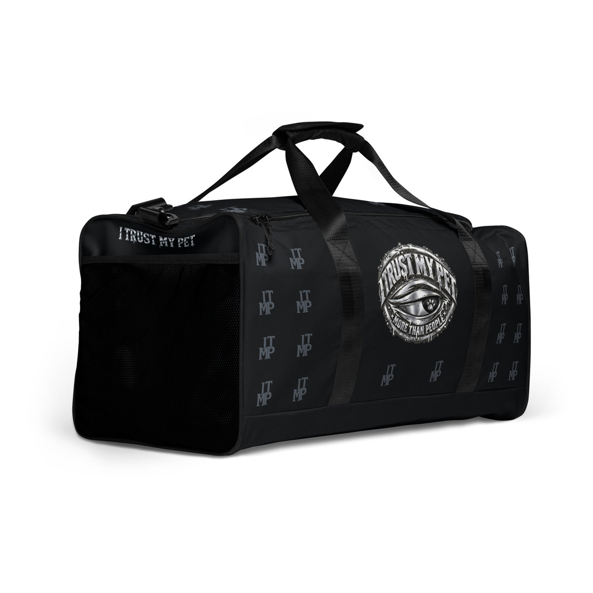 Black I Trust My Pet™ Signature Monogram 50L duffel bag, front-right angle with a silver-look eye emblem and mesh side pocket