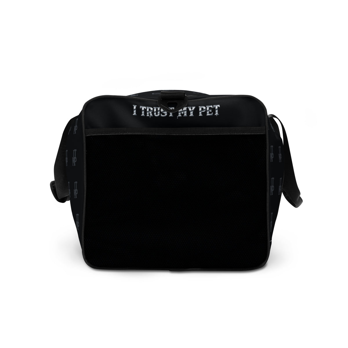 Black I Trust My Pet™ Signature Monogram 50L duffel bag, right end panel with a mesh pocket and custom brand lettering