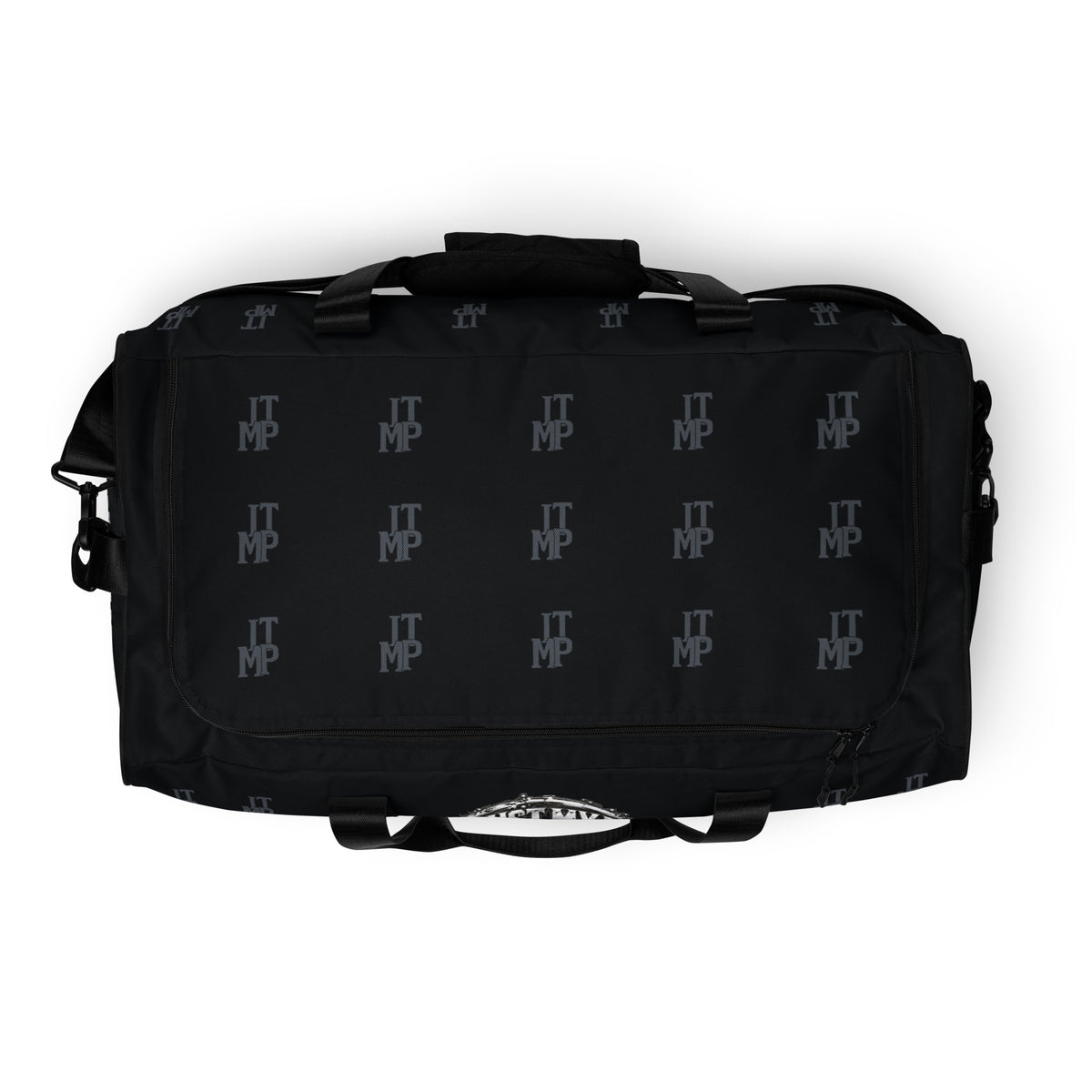 Black I Trust My Pet™ Signature Monogram 50L duffel bag, top view with charcoal monograms around the black zipper