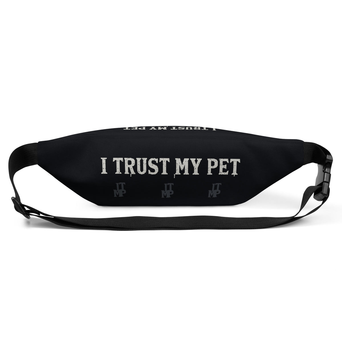 Black I Trust My Pet™ Silver Signature waist bag, rear view with solid distressed brand lettering and charcoal ITMP initials.