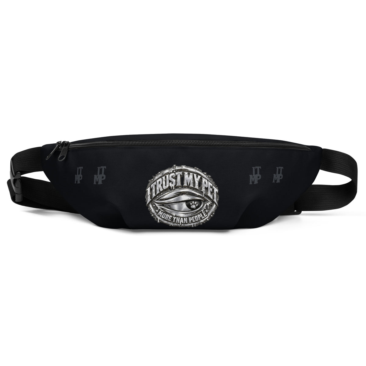 Black I Trust My Pet™ Silver Signature waist bag, front view with original silver-look crest and charcoal ITMP initials.