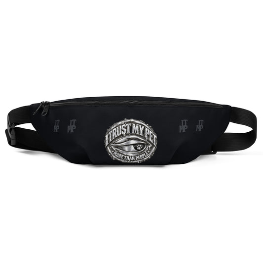 Black I Trust My Pet™ Silver Signature waist bag, front view with original silver-look crest and charcoal ITMP initials.
