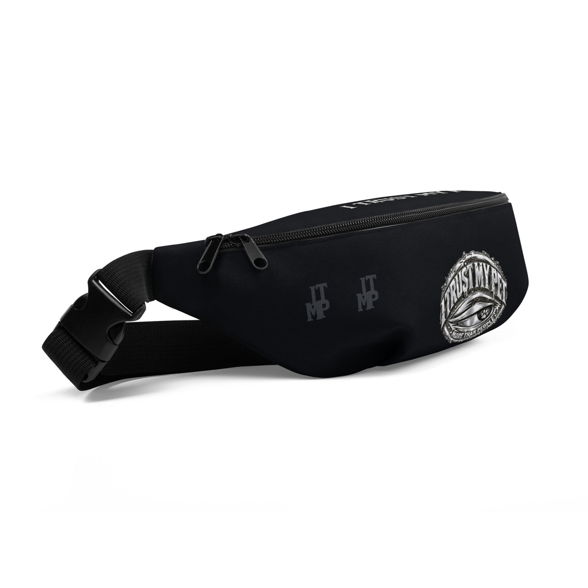 Black I Trust My Pet™ Silver Signature waist bag, angled front-left view with original crest, monograms and adjustable strap.