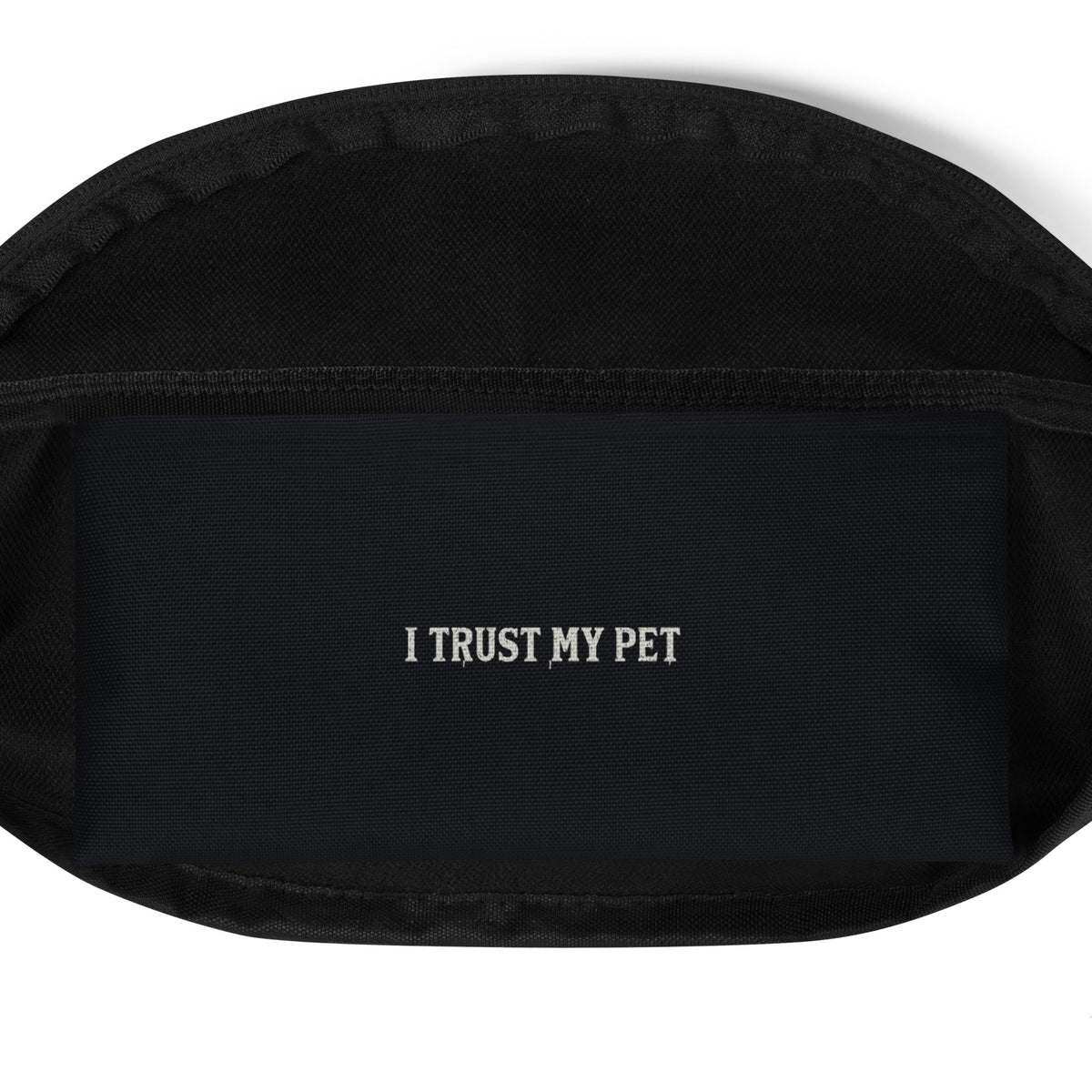 Black I Trust My Pet™ Silver Signature waist bag, inside-pocket view with one clean matte brand label.