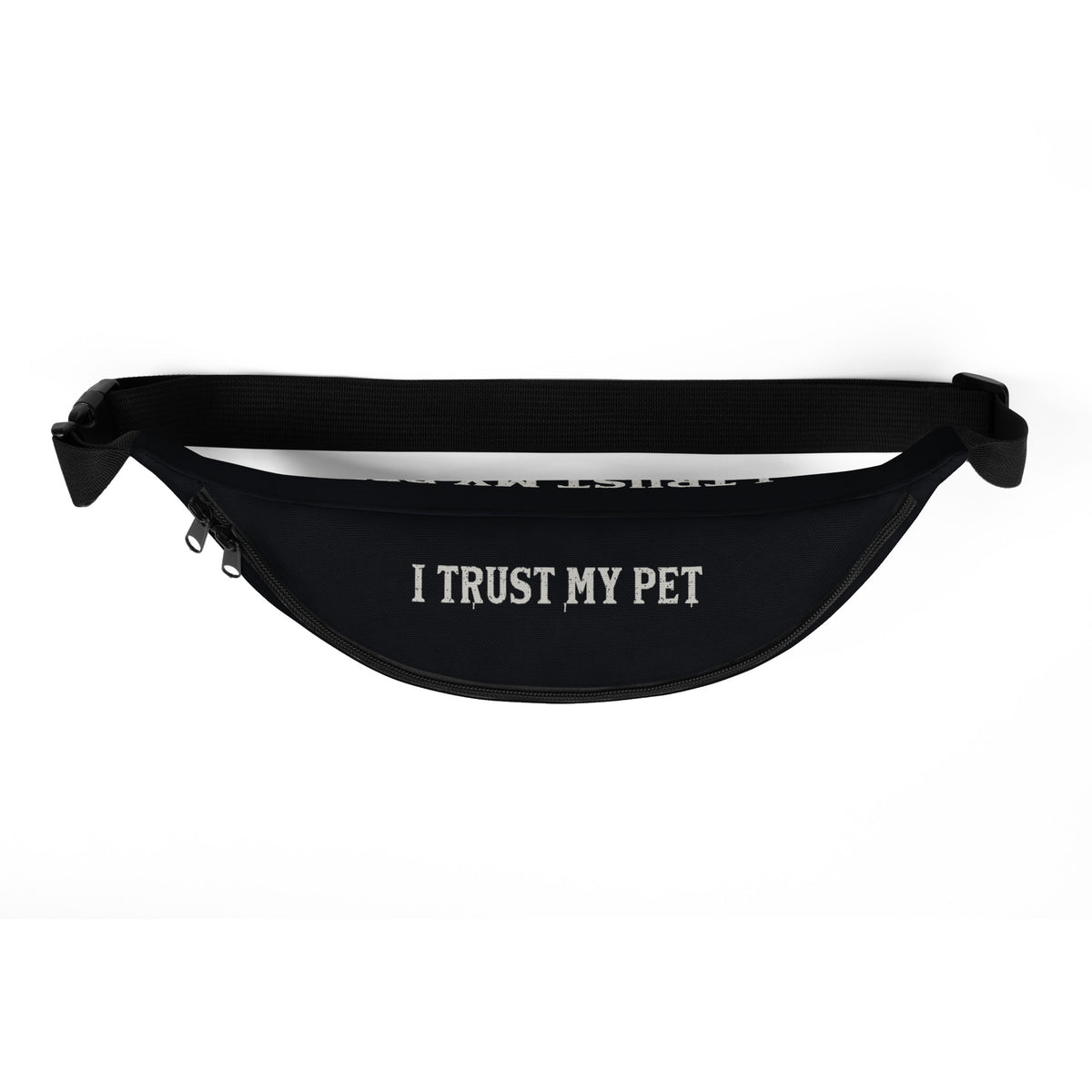 Black I Trust My Pet™ Silver Signature waist bag, top view with solid distressed brand lettering and two-slider zipper.