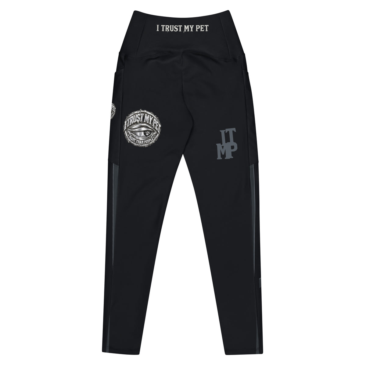 Back view of I Trust My Pet™ Nightline leggings with original crest, monogram and black waistband