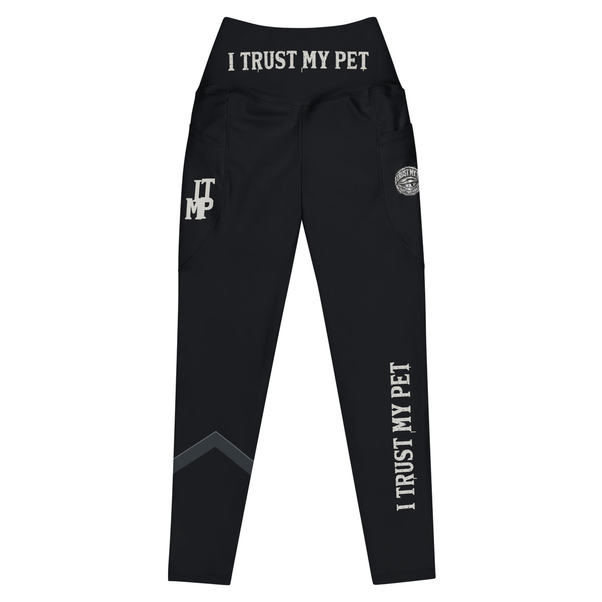 Front view of black I Trust My Pet™ Nightline pocket leggings with high waist, matte lettering and charcoal calf detail