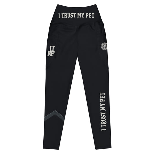 Front view of black I Trust My Pet™ Nightline pocket leggings with high waist, matte lettering and charcoal calf detail