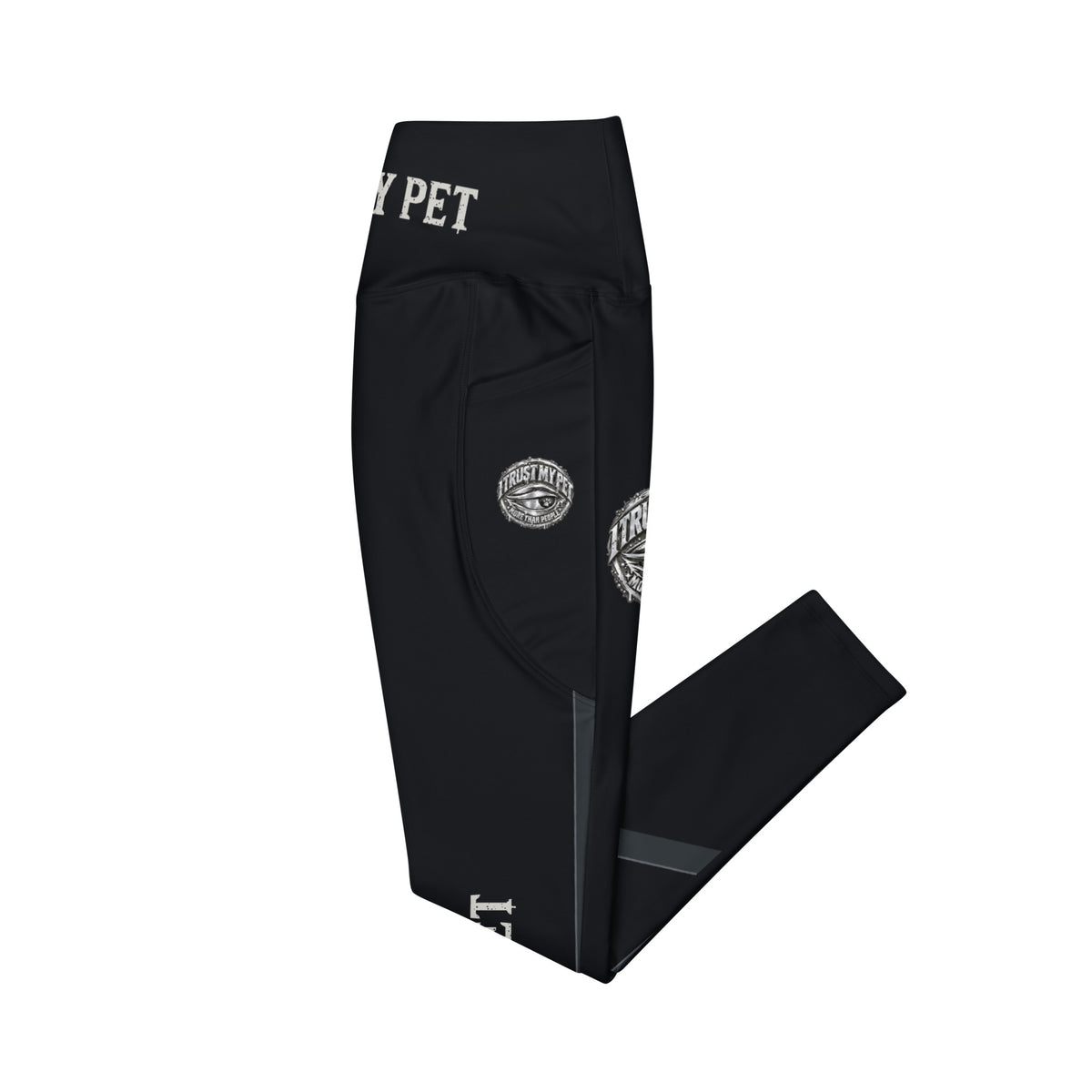 Left side view of black I Trust My Pet™ pocket leggings showing the complete pocket crest