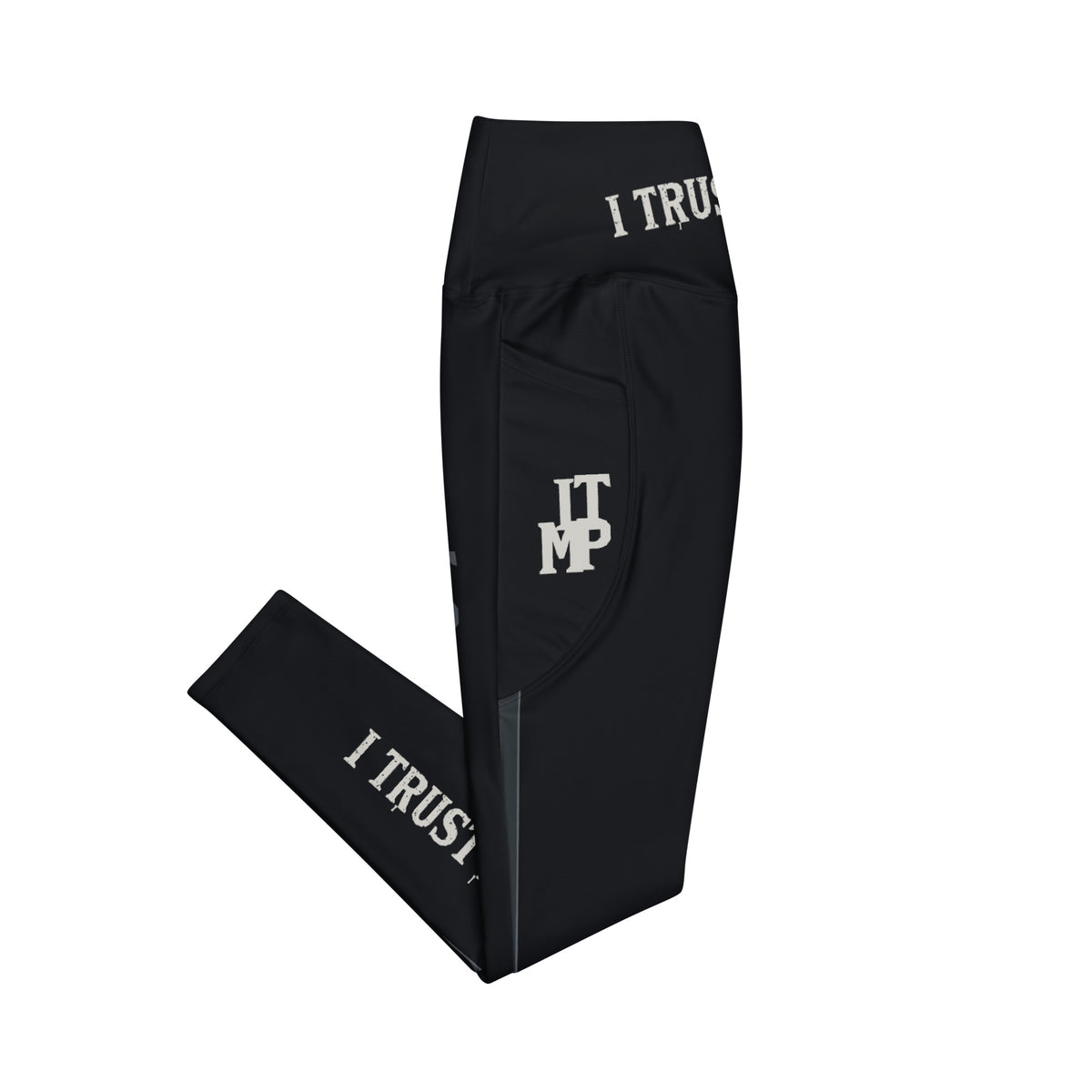 Right side view of I Trust My Pet™ black leggings showing the monogram pocket and side stripe