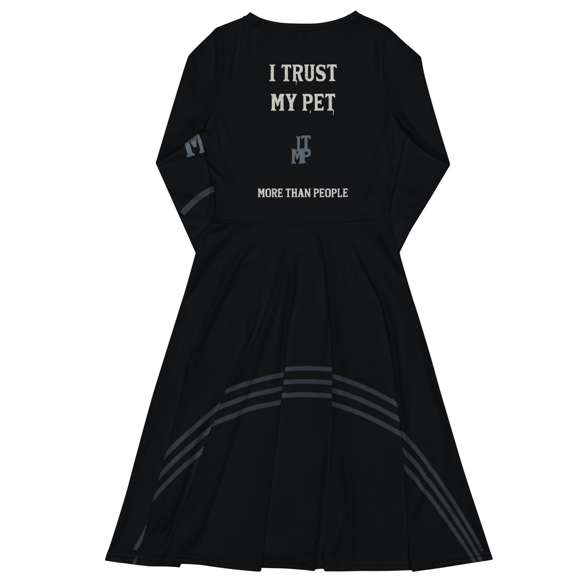 Back of I Trust My Pet™ After Hours black midi dress with matte brand lettering, original monogram and More Than People slogan