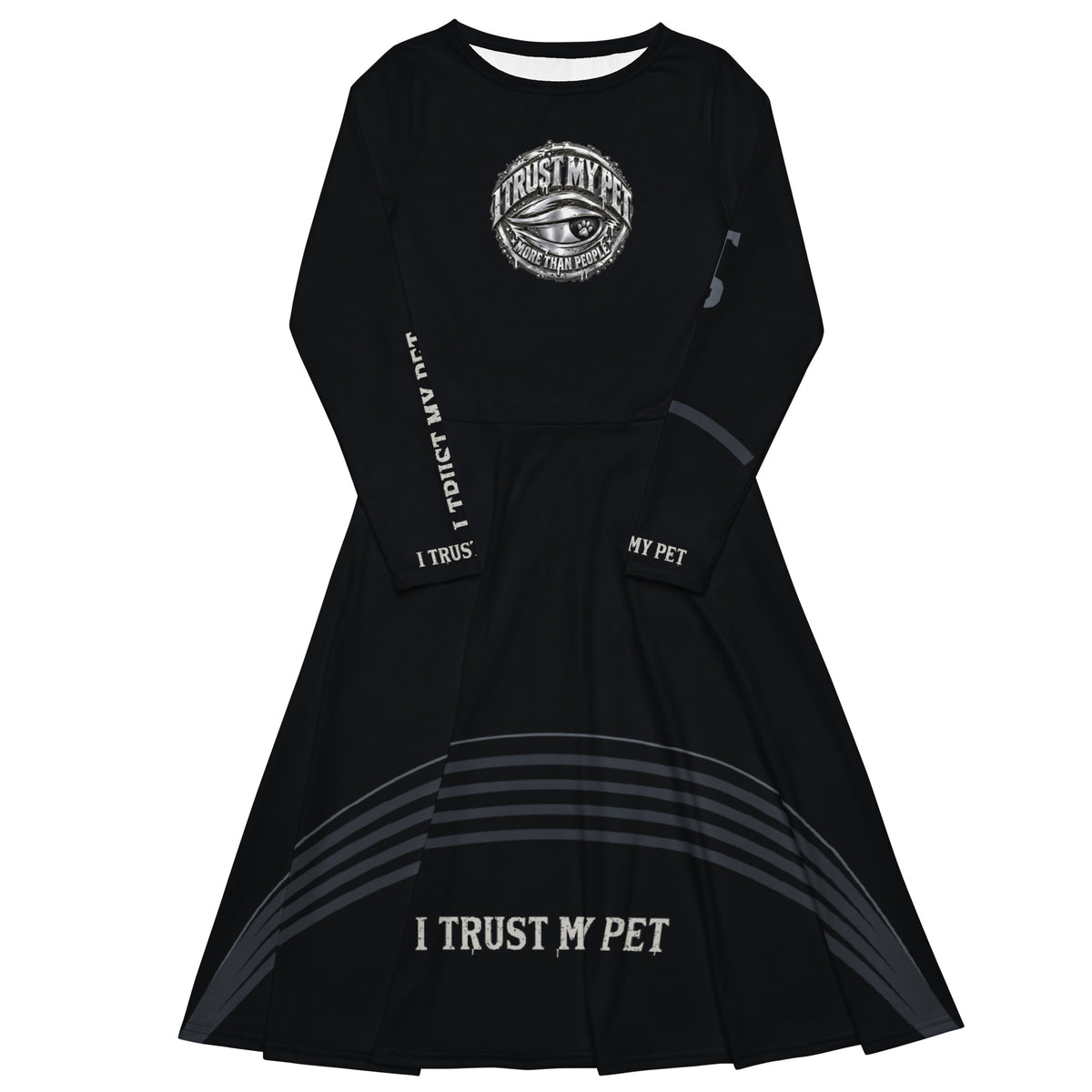 I Trust My Pet™ After Hours black long-sleeve midi dress, front with complete original crest and rising charcoal skirt accents