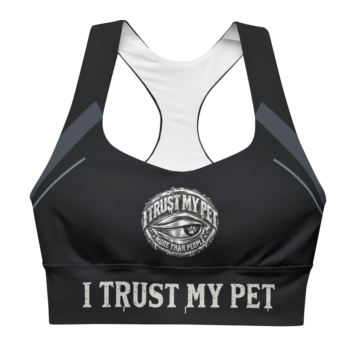 Black I Trust My Pet™ Nightline longline sports bra, front with original crest, charcoal accents and distressed brand lettering