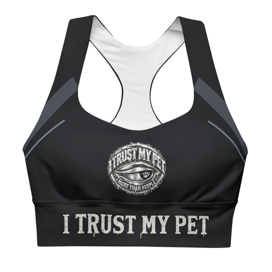 Black I Trust My Pet™ Nightline longline sports bra, front with original crest, charcoal accents and distressed brand lettering