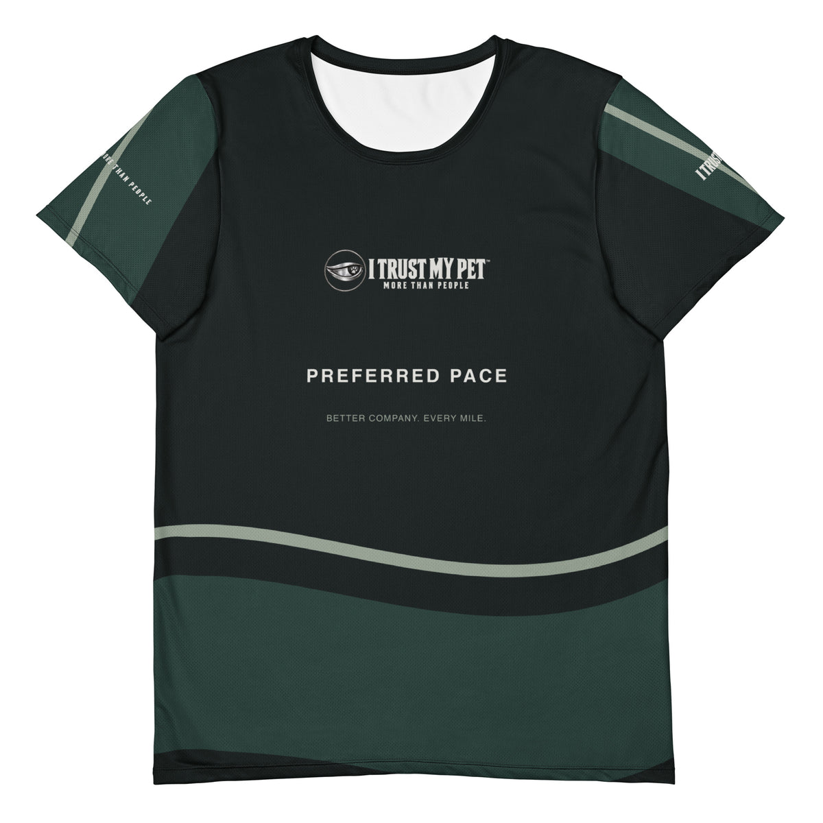 Front of the I Trust My Pet™ Preferred Pace men’s athletic T-shirt in black and forest green, with the complete logo, sage accents and coordinated sleeve prints.